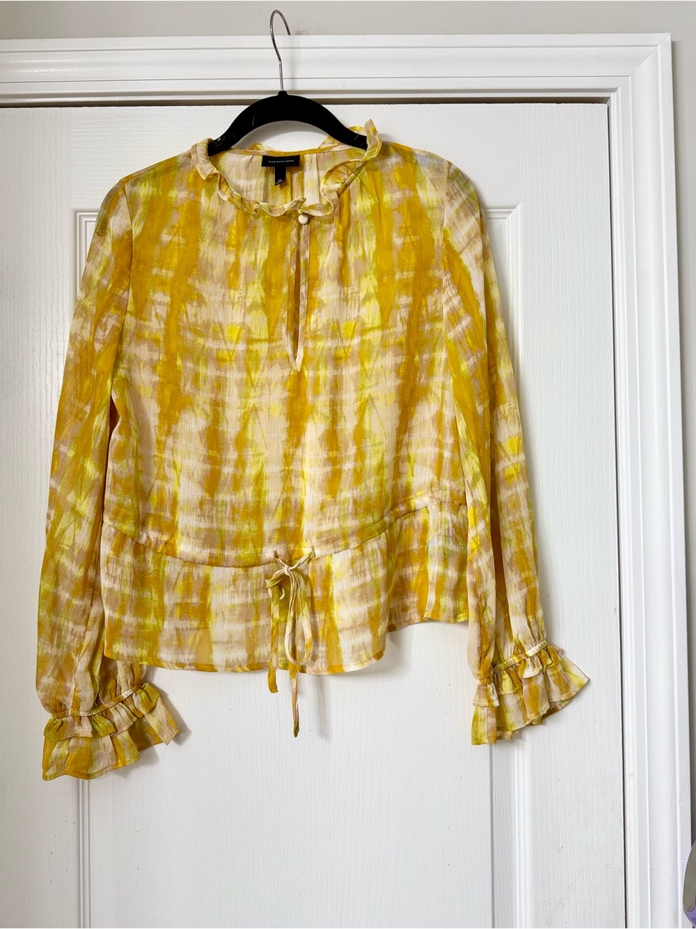 NWOT!!! Who What Wear Yellow and Cream Tie-Dye Ruffle Neck Blouse